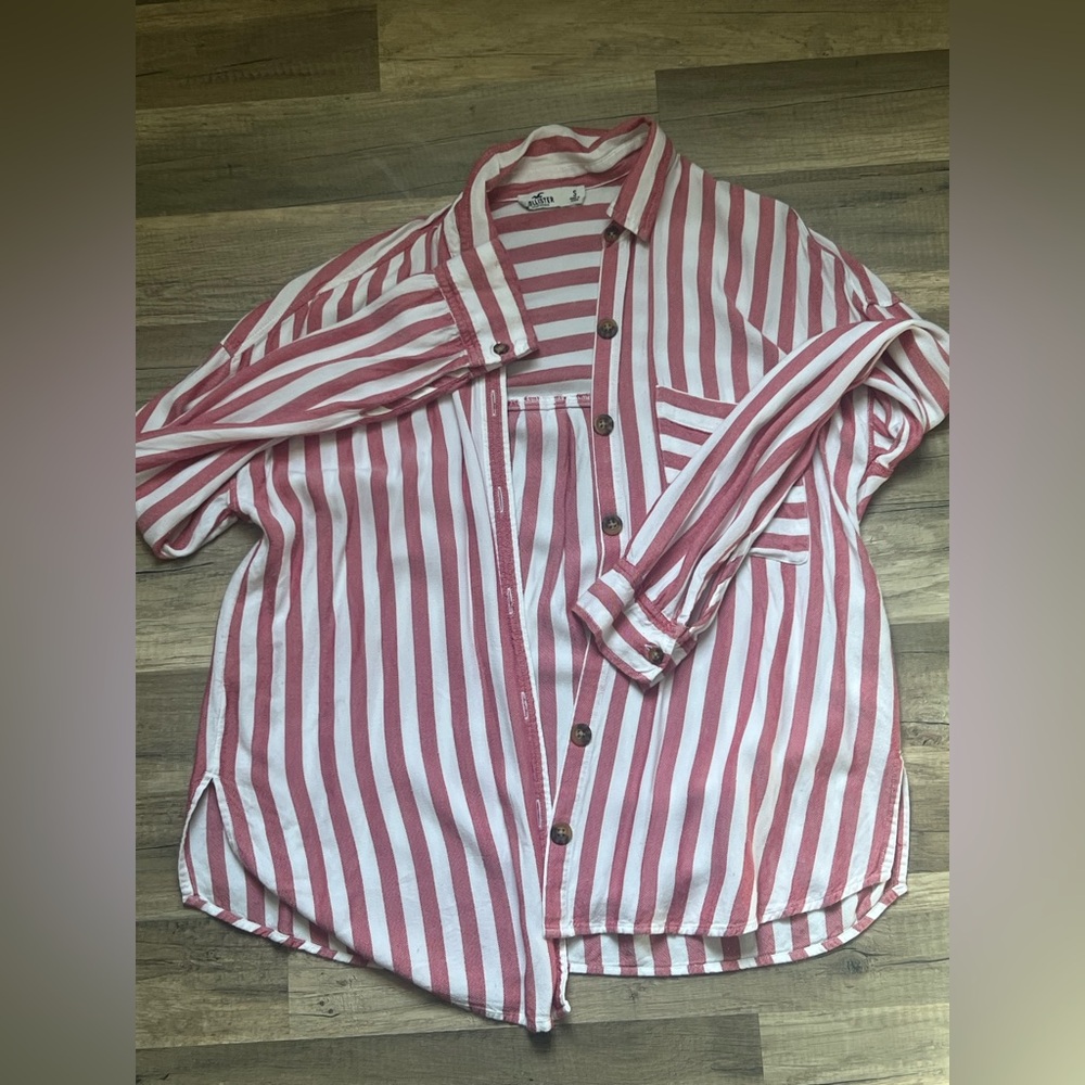 Red and White Striped Button-Up Shirt with brown buttons. Like new, super cute! - Picture 2 of 3